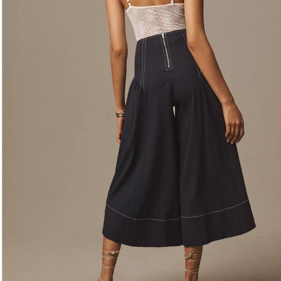 By Anthropologie Extended Waist Pants Linen Navy Blue Wide Leg Crops sz 14 NWT - Picture 4 of 4